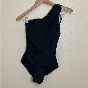 Sona Kol Black One Shoulder Ruched Full Coverage Swimsuit